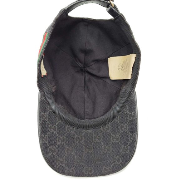 100% Authentic Gucci Cap Black Canvas Leather Hat Unisex - Picture 8 of 11